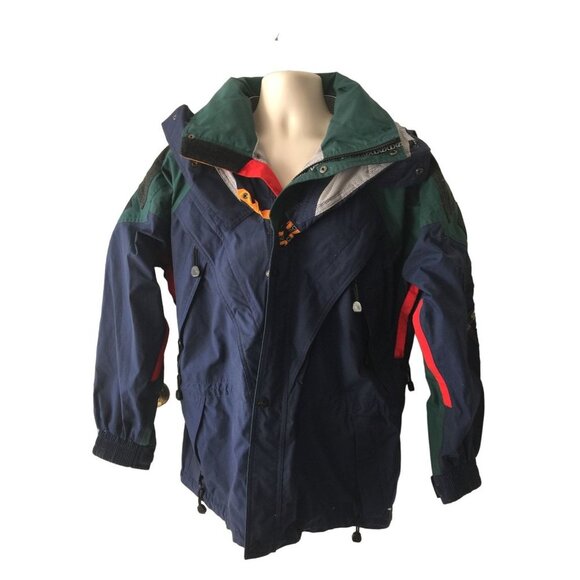 Mens Helly Hansen Navy Blue Green Equipe Snowboarding Ski Parka Jacket Small S